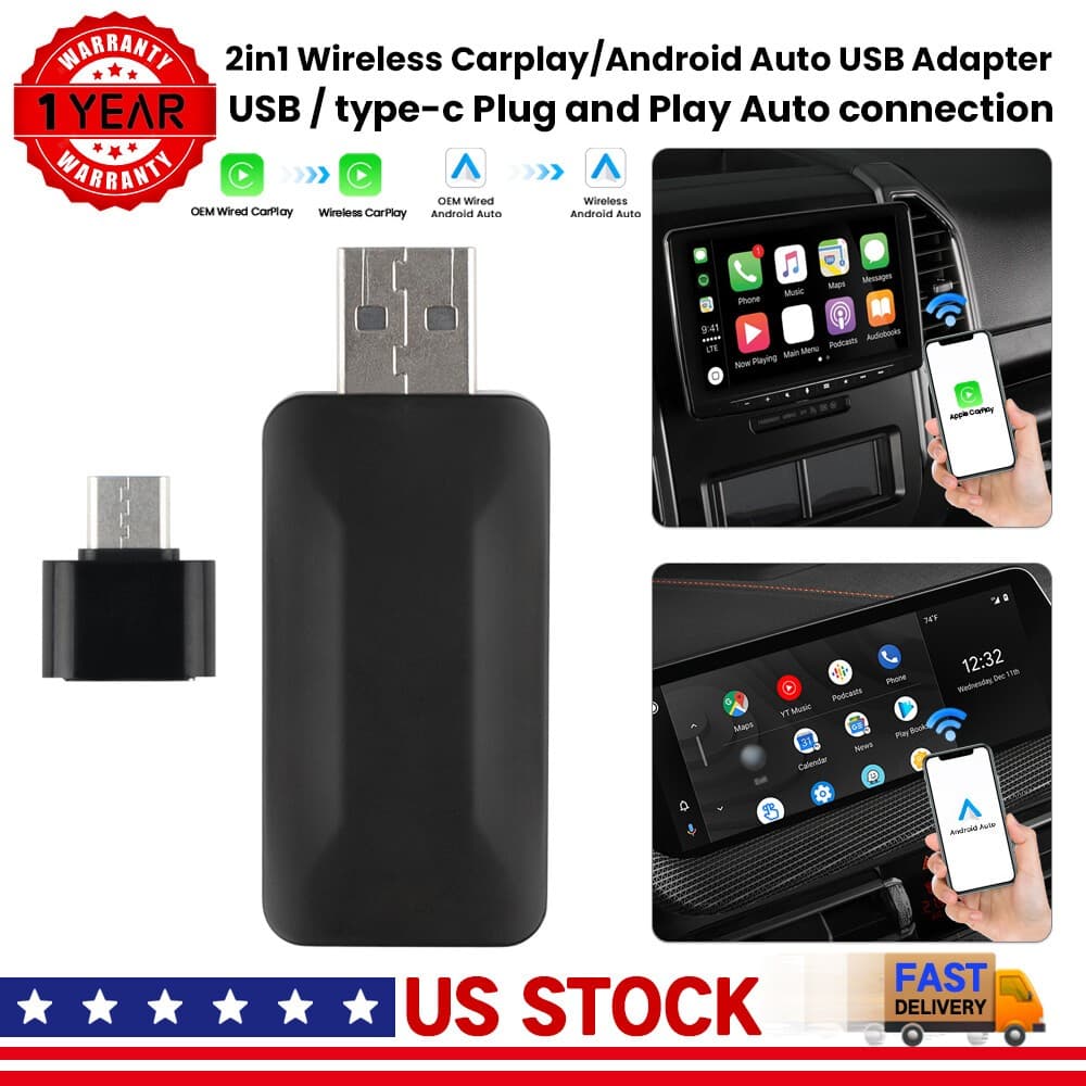 2 in 1 Android Auto Wireless Adapter Wireless CarPlay Adapter Plug Play Radio