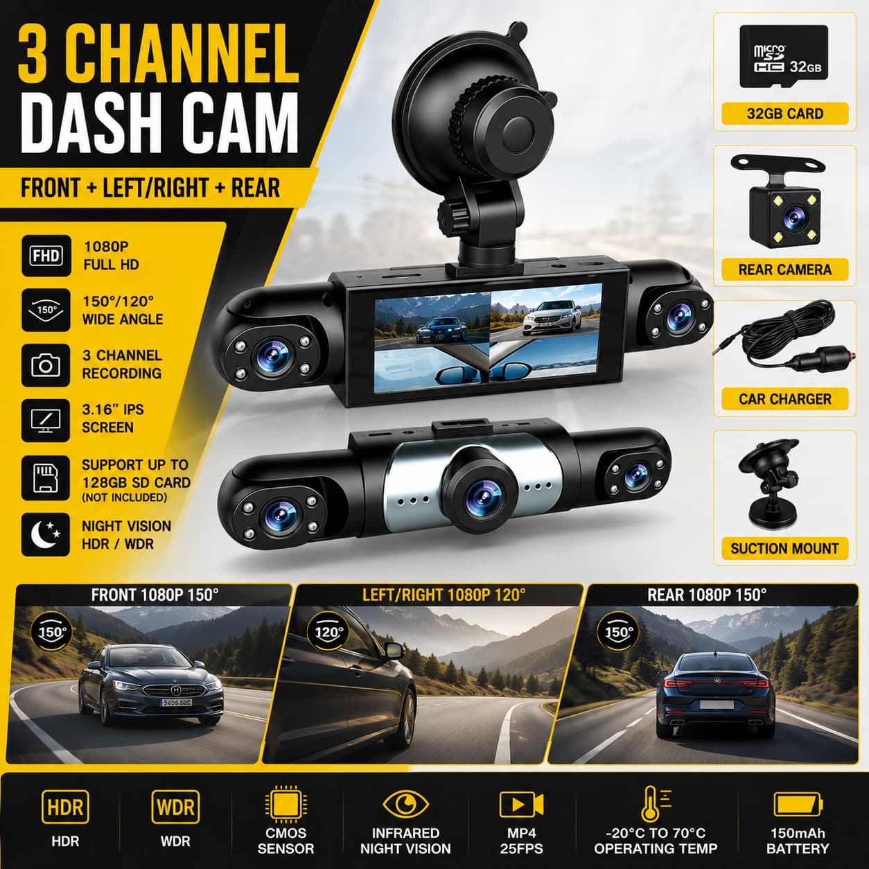 HD 360° 4 Channel 1080P Car Dash Cam Front and Rear Inside Left Right + Camera