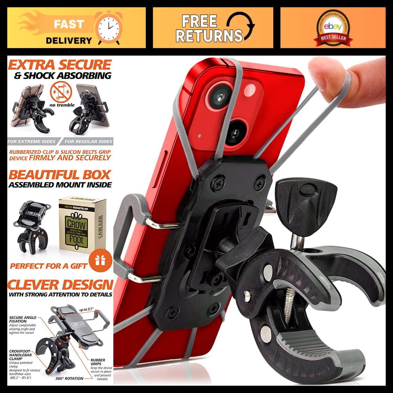 Universal Bike & Motorcycle Phone Mount for iPhone & Galaxy - Secure Handlebar H