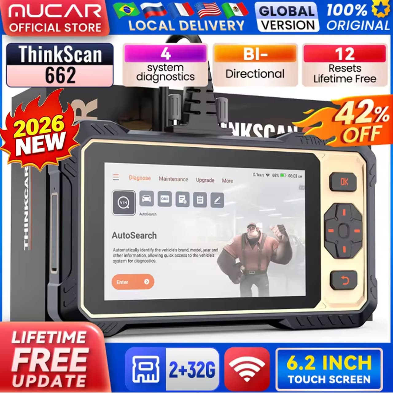 THINKSCAN 662 OBD2 Scanner Engine ABS SRS AT TPMS EPB Diagnostic Tool 4 System