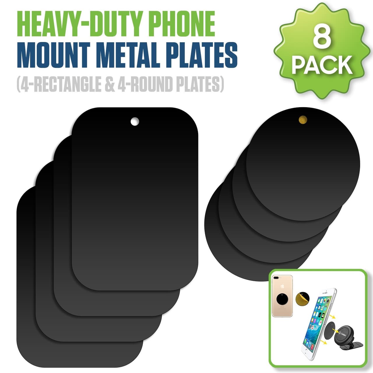 8pc Metal Plate Magnet Kit for Magnetic Car Phone Mount Holder + Strong Adhesive