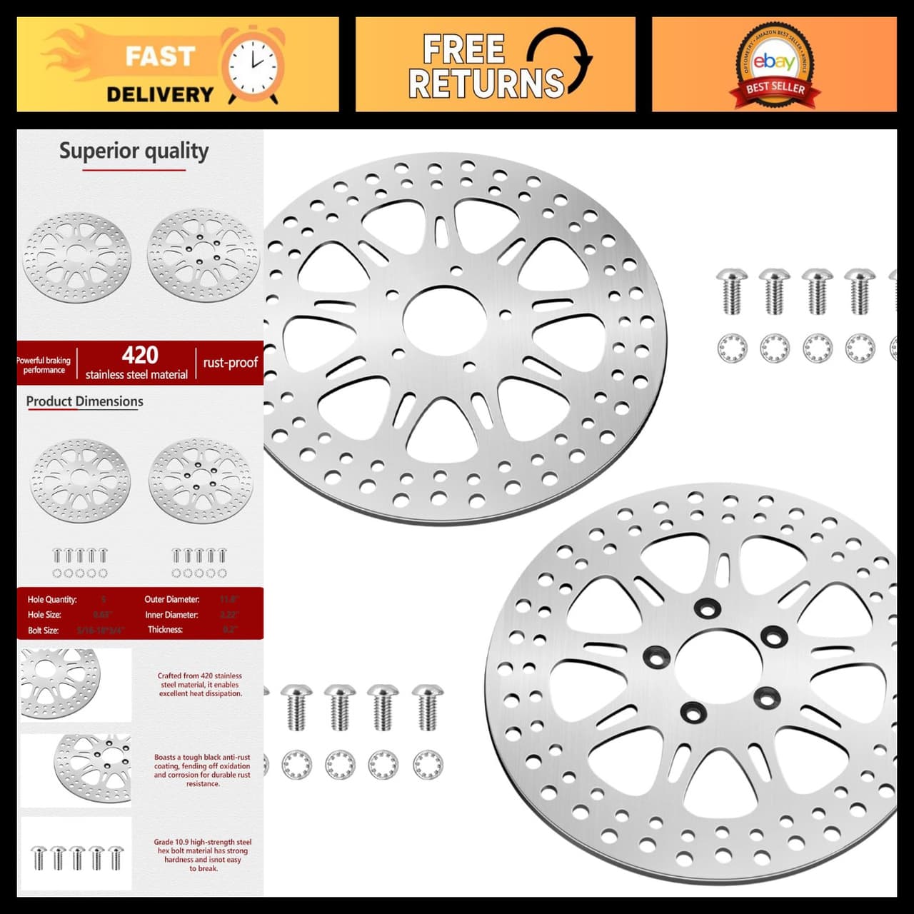 11.8" Front Brake Rotor 2-Piece for Harley Street Glide, Road King, Road Glide,