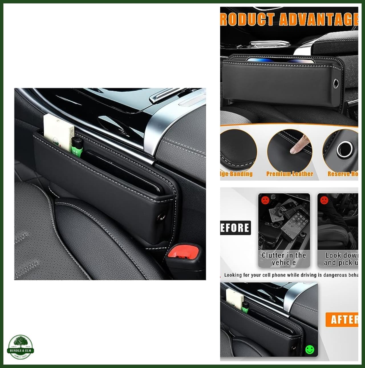 Car Seat Gap Organizer Premium Leather Adjustable Storage Box Black