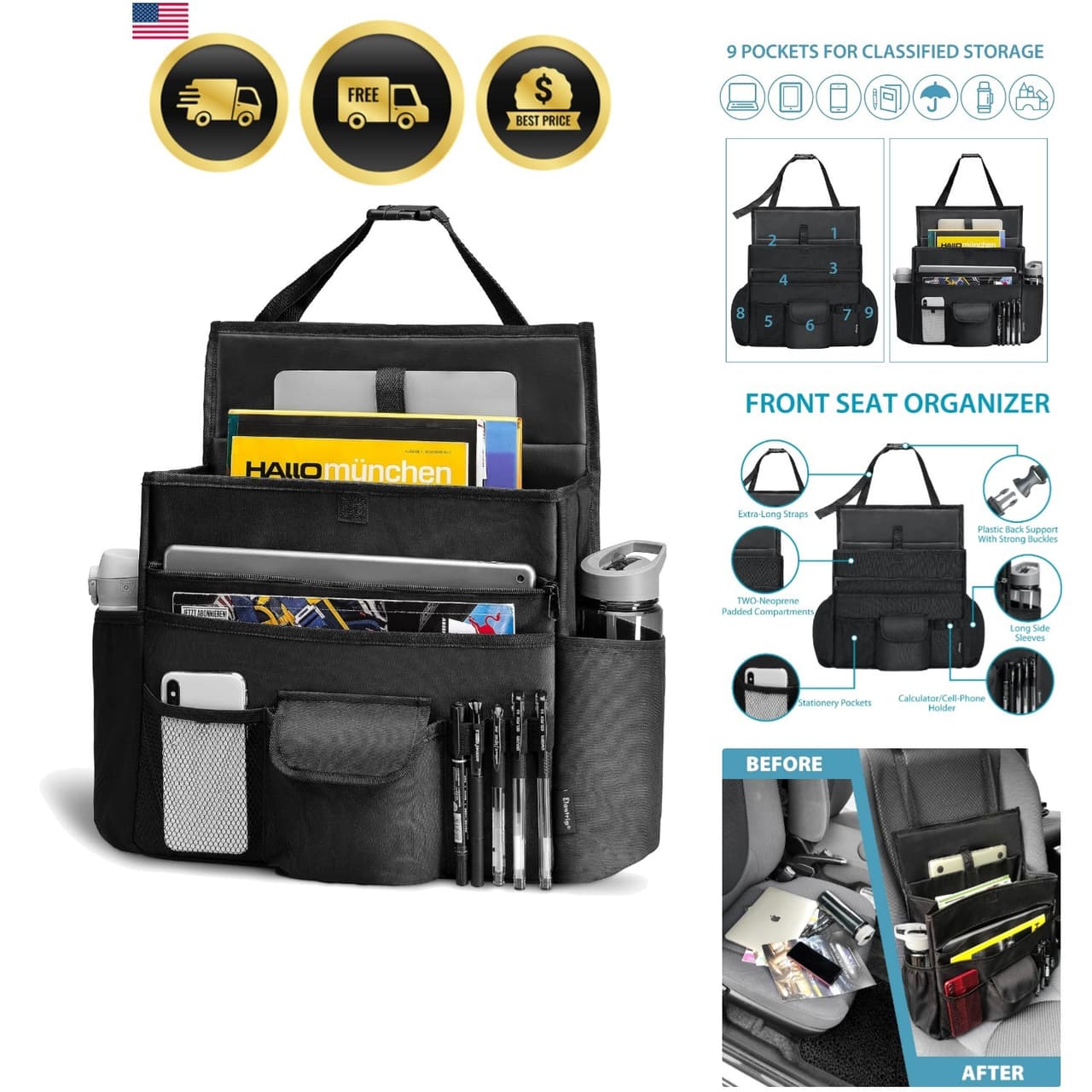 Car Front Seat Organizer, Back Seat Storage with Adjustable Straps Truck Seat...