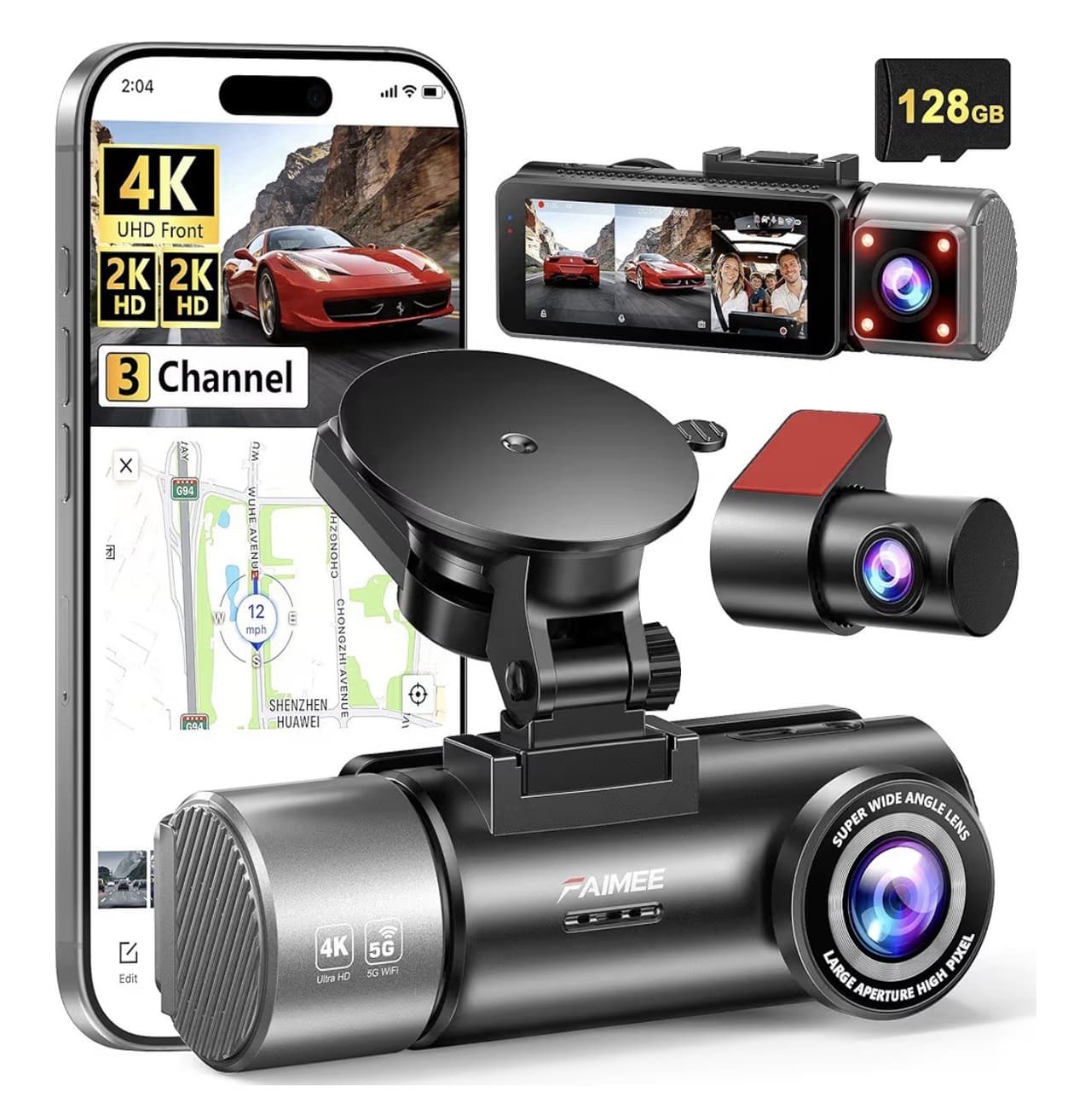 4K+2K+2K 3 Channel Dash Cam Front and Rear, 128GB Card Included, Dash Camera
