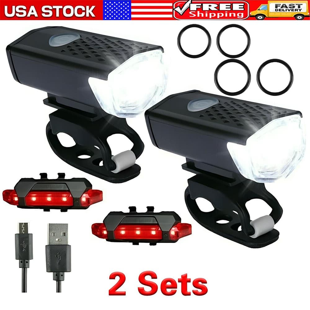 2 Sets USB Rechargeable LED Bicycle Headlight Bike Front Rear Lamp Cycling