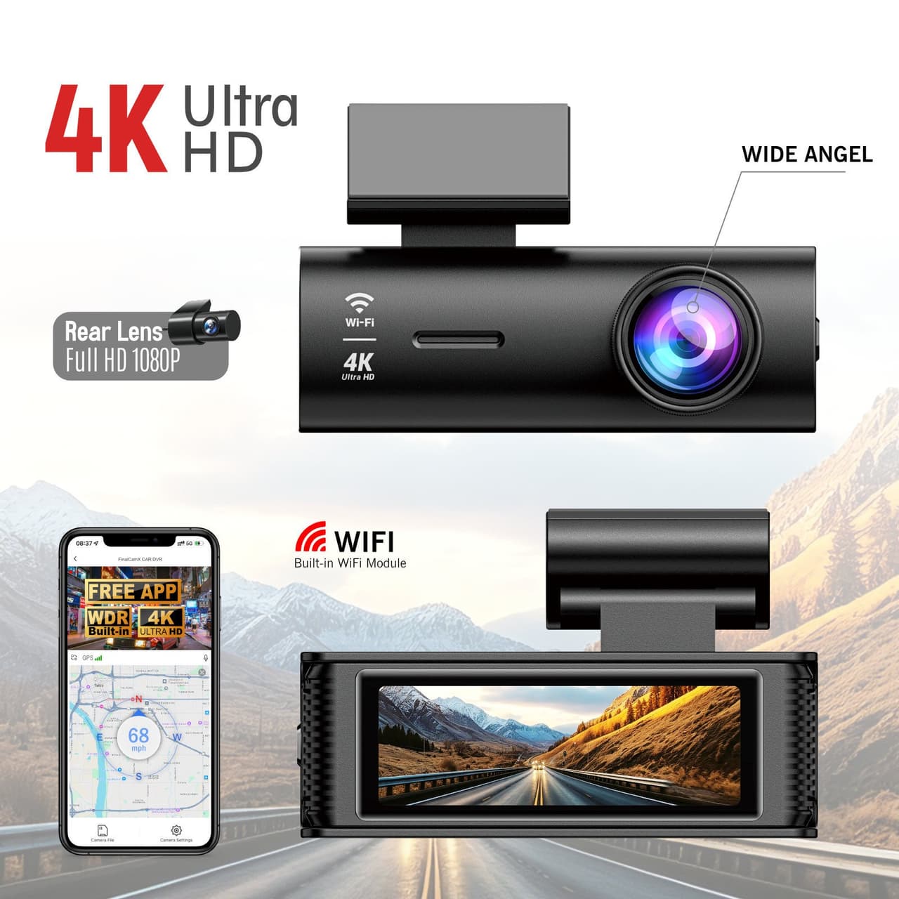 4K 2160P+1080P Dash Cam Front and Rear Dual Dash Camera WIFI &GPS Car DVR Camera