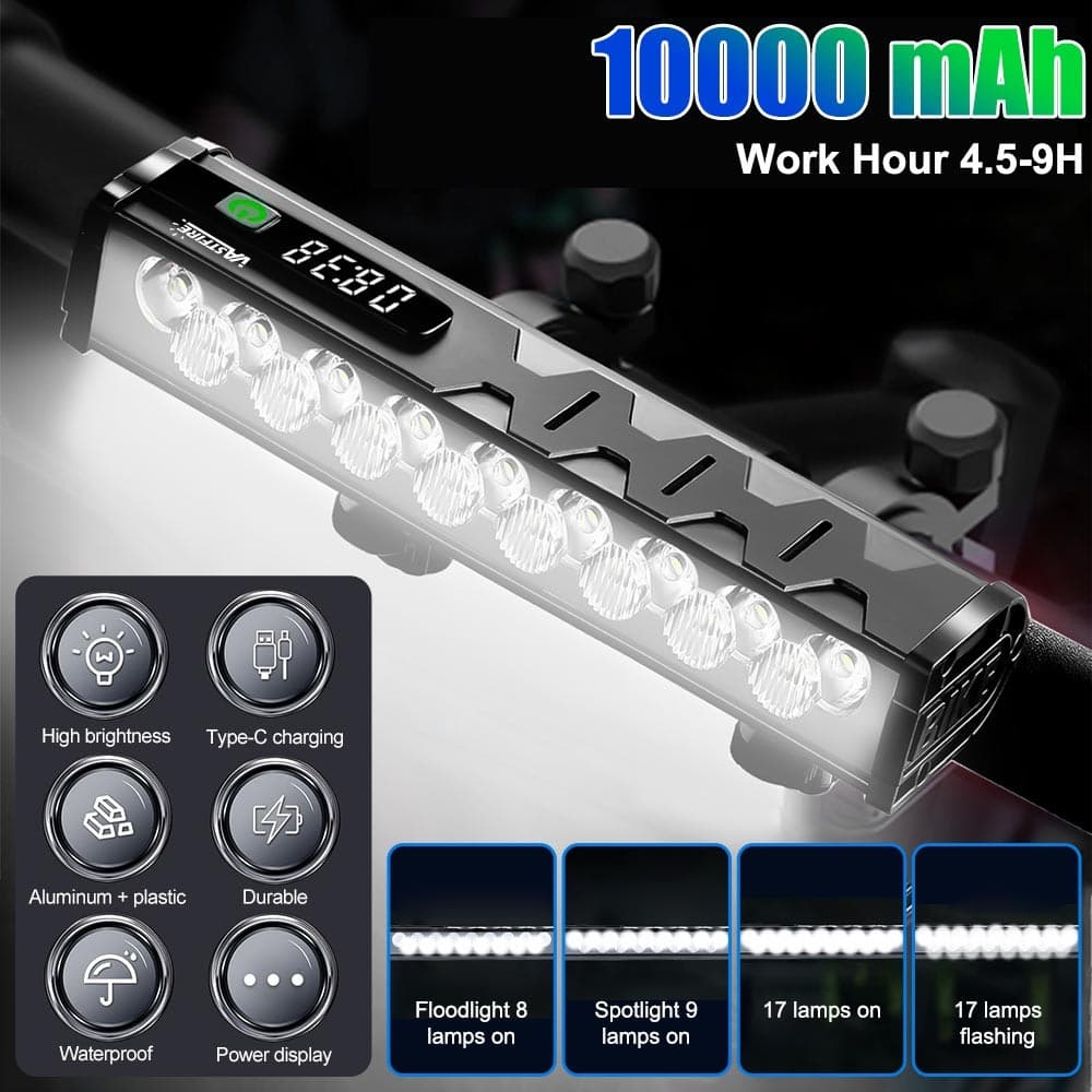 10000mAh 17*LED Bike Lights USB Rechargeable Bicycle Torch Front&Rear Light Set