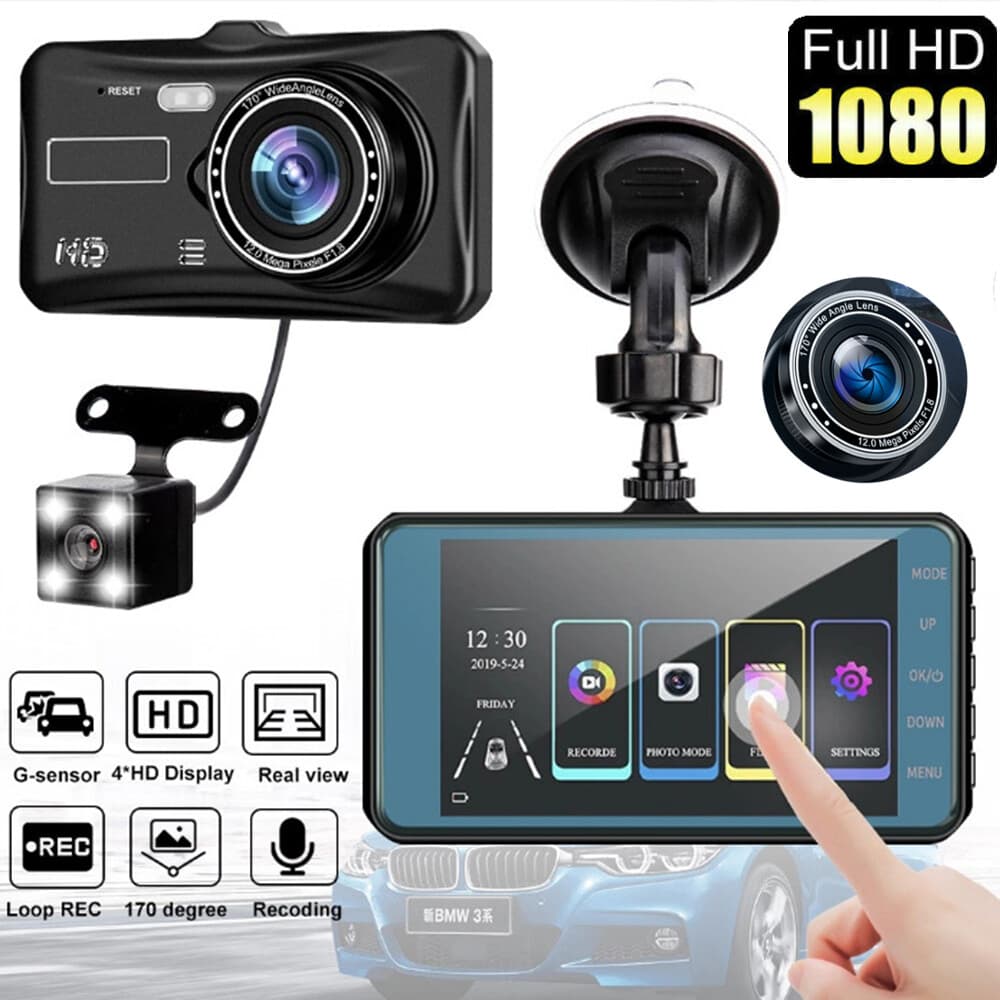 Touch Screen Dash Cam 4" 1080P Dual Lens Car DVR Recorder Front and Rear Camera