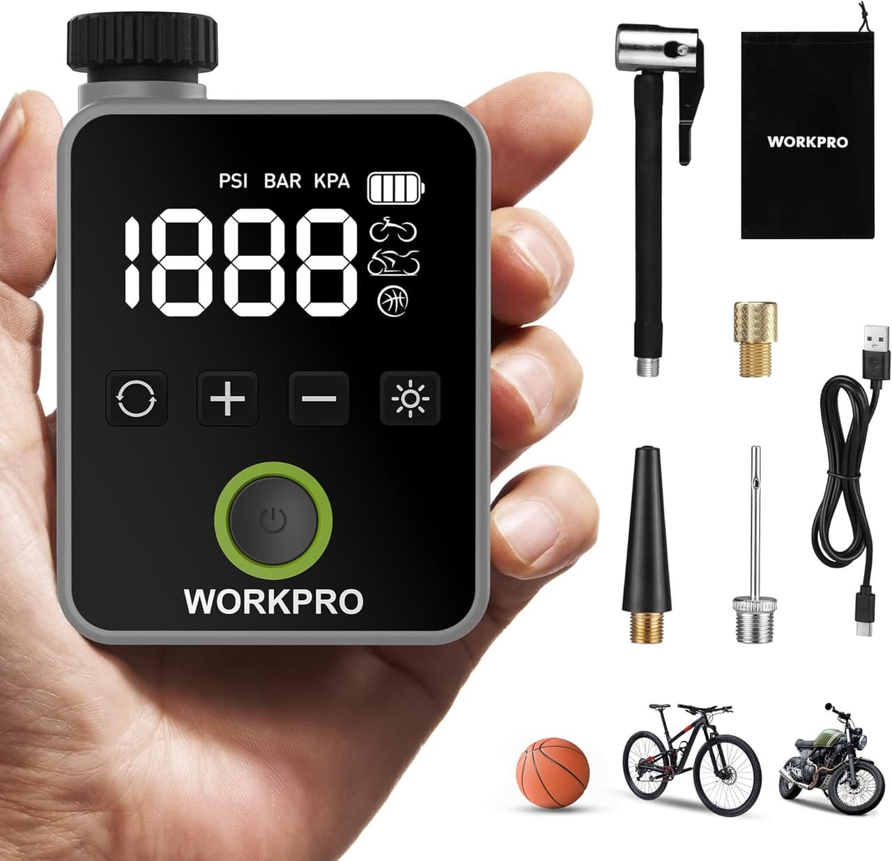 WORKPRO Mini Electric Bike Pump 140 PSI Portable Tire Inflate Pump Auto Shut-Off