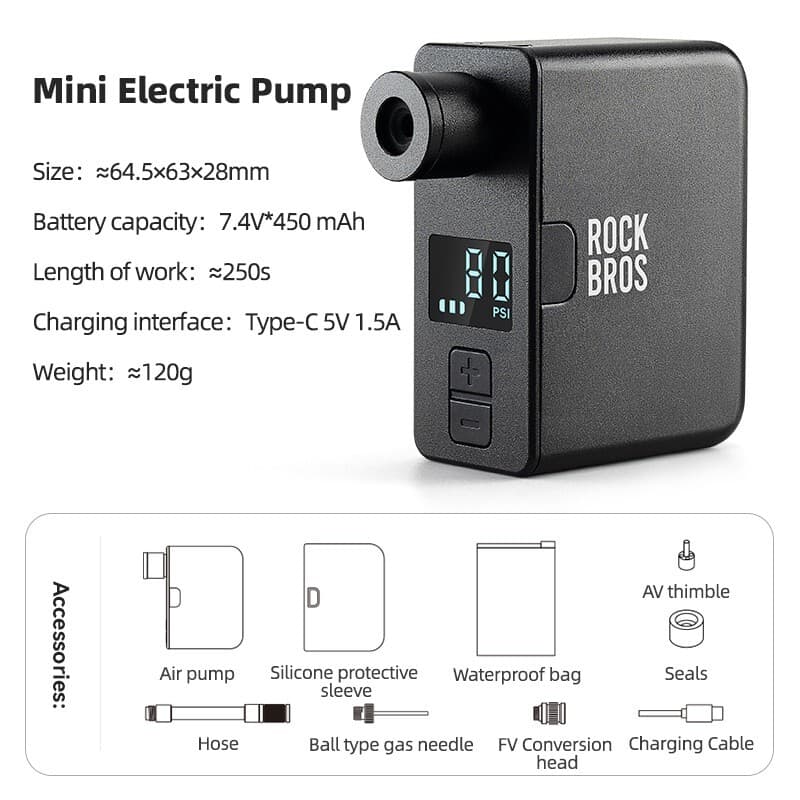 ROCKBROS Portable Mini Electric Bike Pump Bicycle Tire Inflator 120PSI USB-C