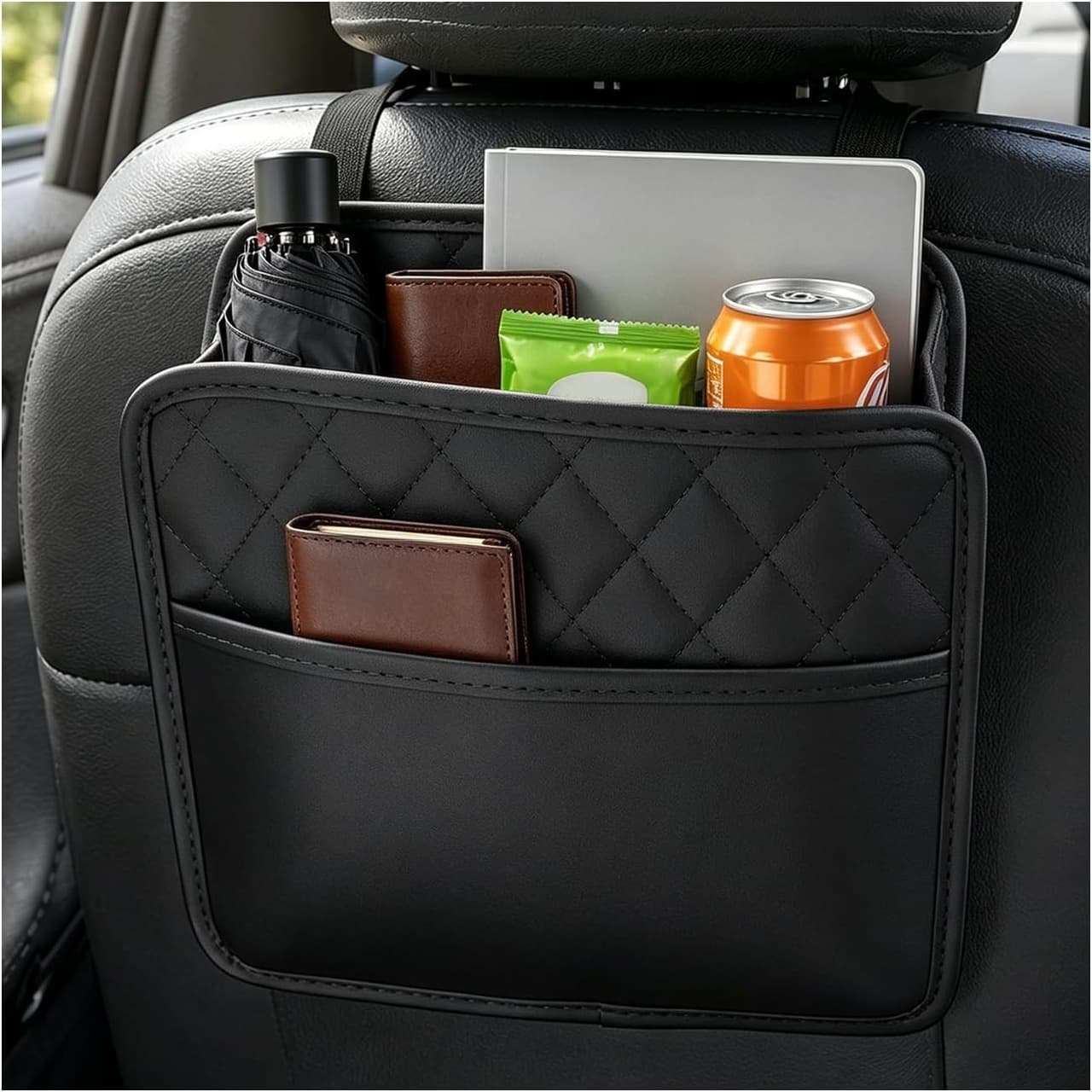 Car Seat Back Organizer Foldable Vehicle Storage Bag Leather Trash Bag Black