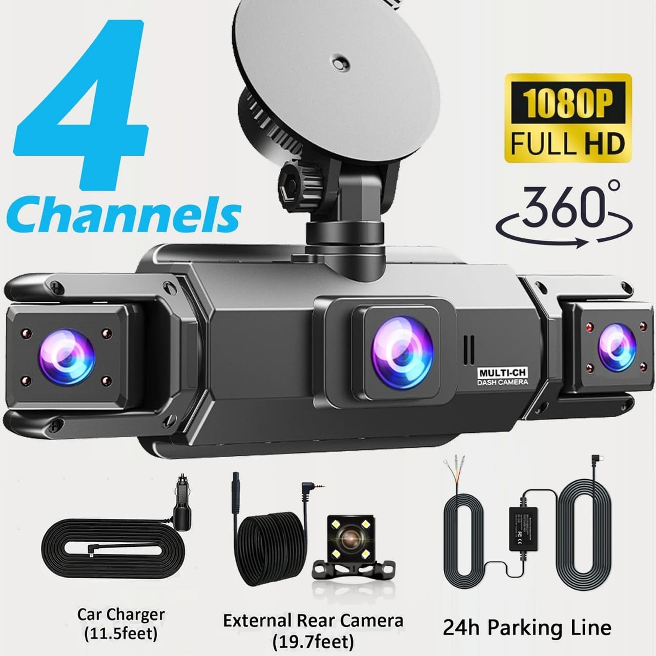 360° 4 Channel 1080P HD Car Dash Cam Front and Rear Left Right Camera +64G Card