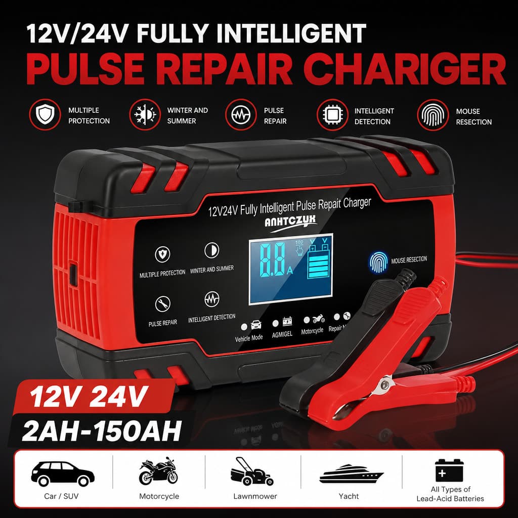 15000mAh Car Battery Charger Pulse Repair LCD Display 12V/24V Battery Charger
