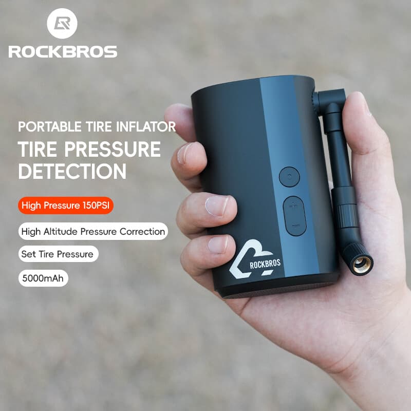 ROCKBRS Electric Bike Tire Pump 150PSI Mini Air Inflator Portable 5000mAh Type-C