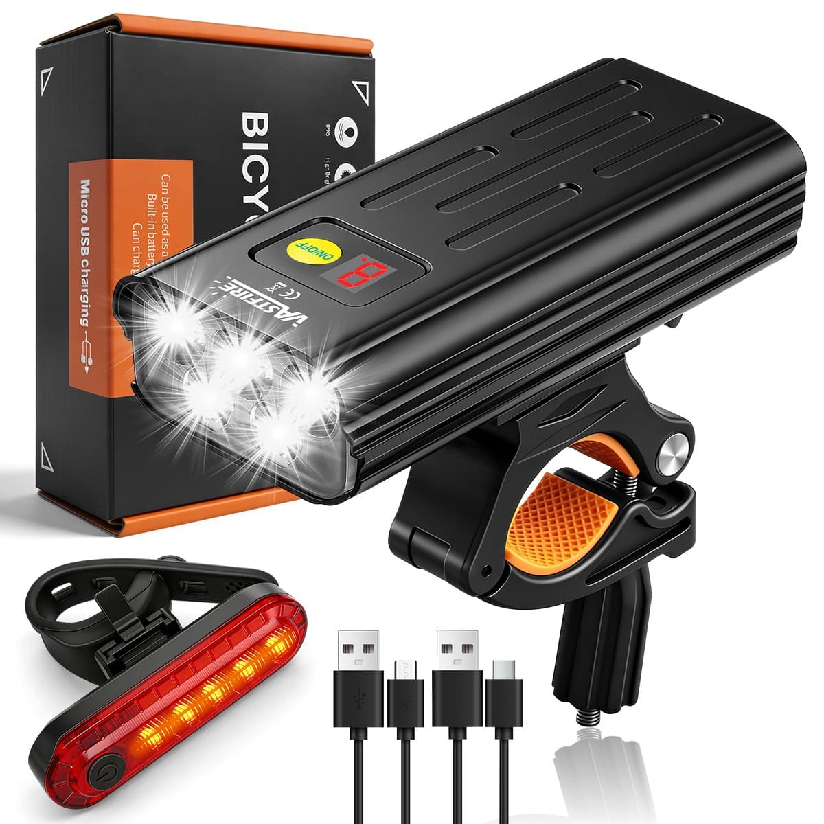 Ultra-Bright 5 LED Bike Front Light 5 Modes USB Rechargeable Head&Tail Light Set