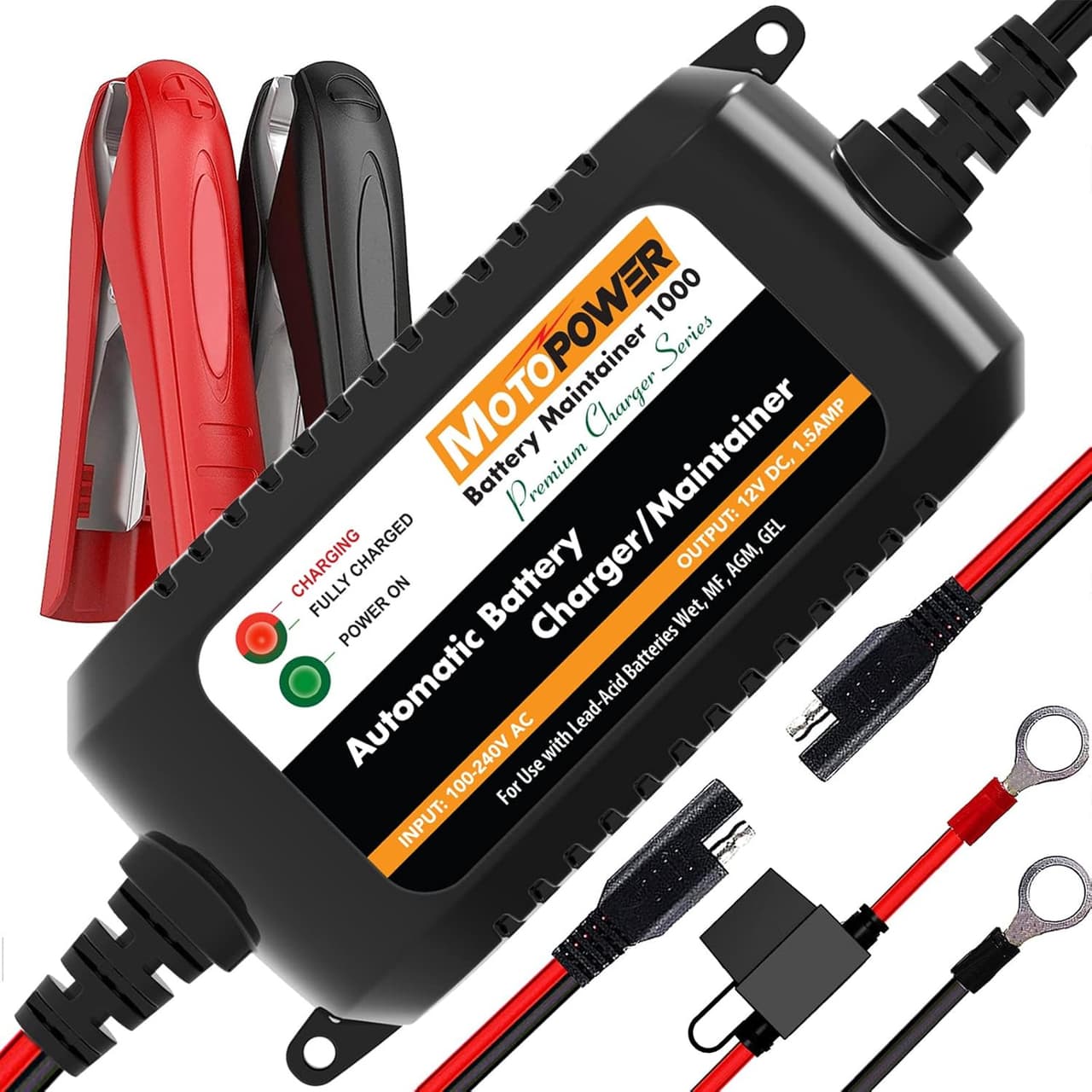 MP00206A 12V 1.5Amp Automatic Battery Charger, Battery Maintainer for Cars, Moto