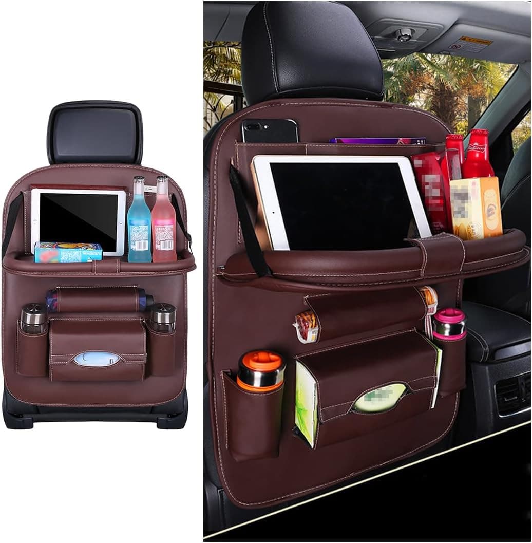 Car Seat Back Organizer with Foldable Tray, Leather Storage Pocket for Vehicle