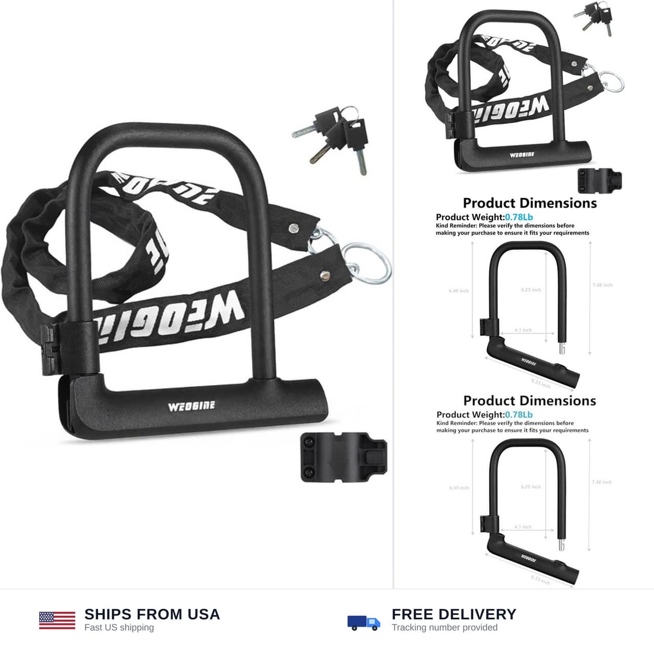 Bike U Lock with 4ft Security Chain 14mm Shackle, Bike Lock with 3 Keys and M...