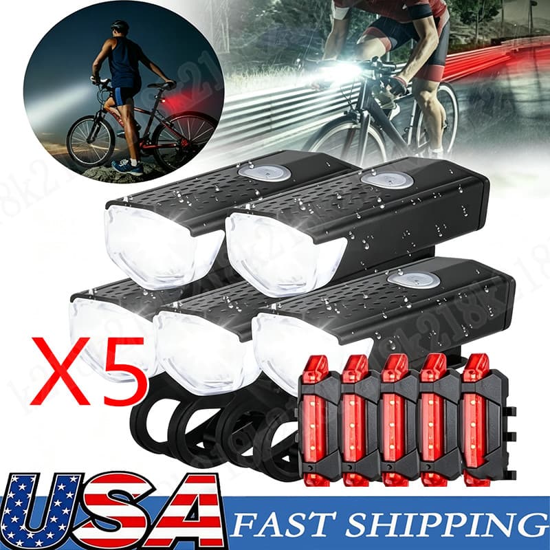 5PC USB Rechargeable LED Bicycle Headlight Bike Front Rear Lamp Light Waterproof
