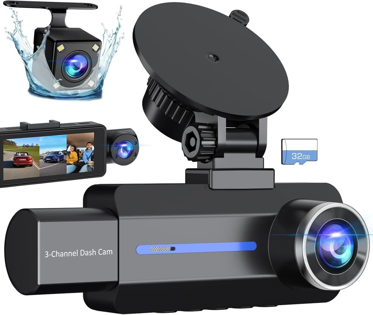 Dash Cam Front and Rear, 2.5K+1440P Triple Car Camera with 32GB Card, 3 Channel