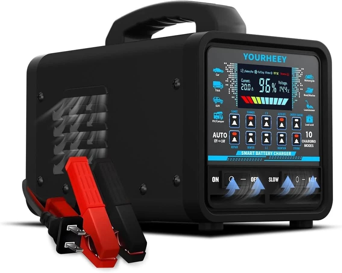 12V/24V 0-20A Heavy Duty Battery Charger/Maintainer with Auto Shutoff, black NEW