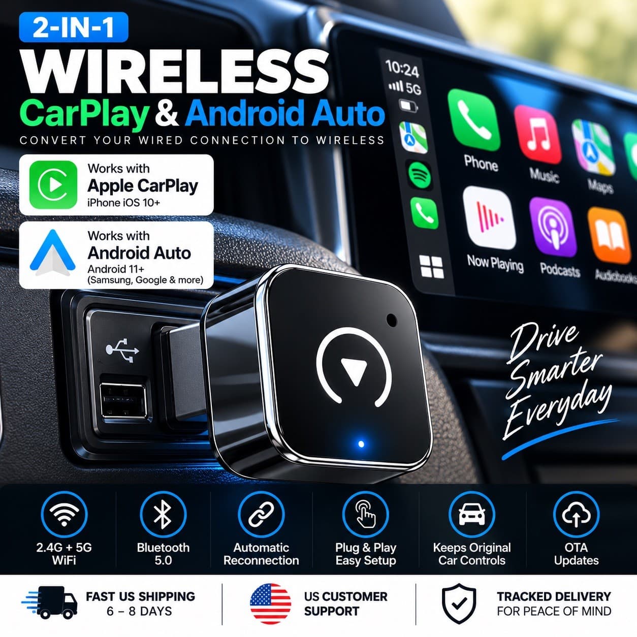 Wireless CarPlay Android Auto Adapter 2-in-1 | Wired to Wireless | USB