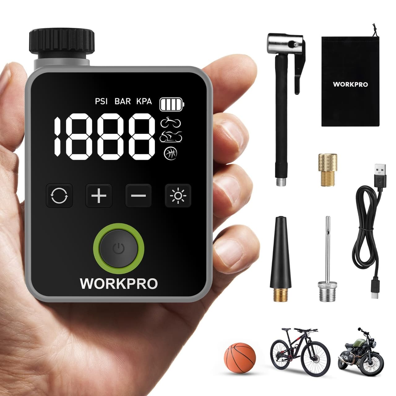 Portable Electric Bike Pump 140 PSI with Digital Gauge, LED Light, Auto Shut-Off