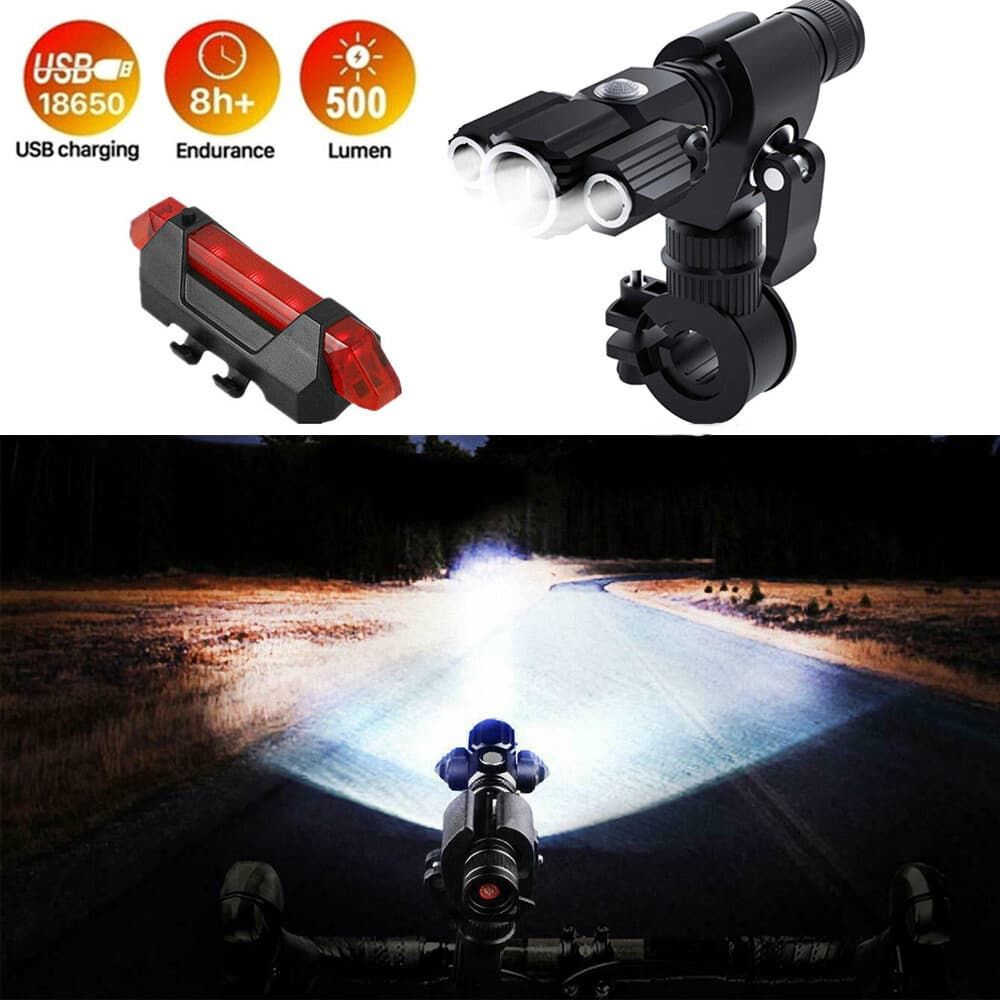 Ultra Bright USB Rechargeable Bike Headlight & Tail Light Set Waterproof