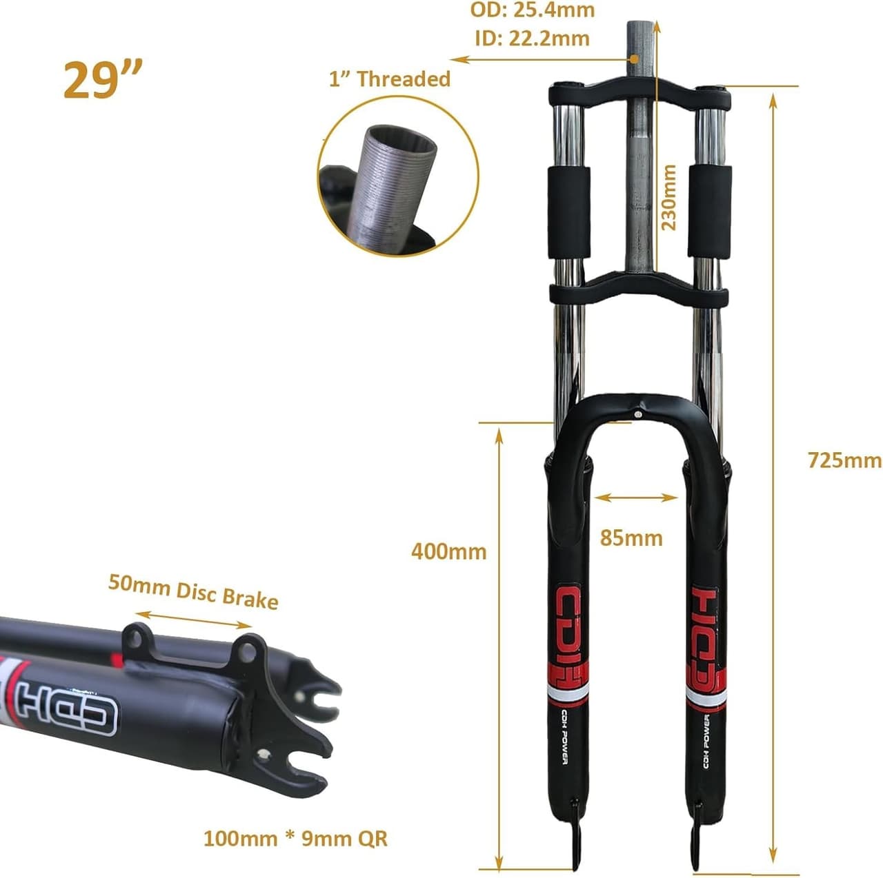CDH 29" Bicycle FORK 1" Threaded Suspension Fork Triple Tree - Bike Front FORK