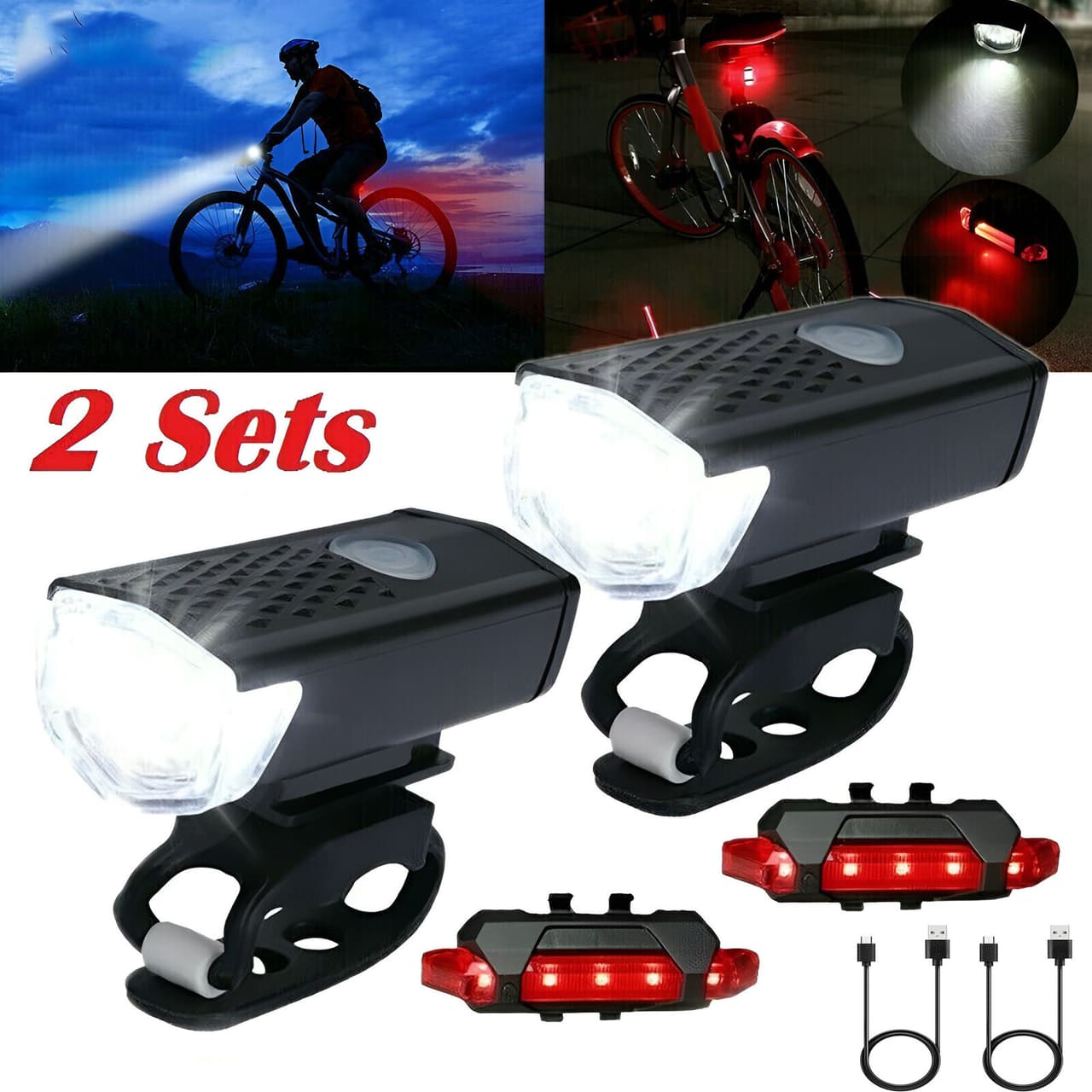 2 Set USB Rechargeable LED Bicycle Headlight Bike Front Rear Light Cycling Lamp