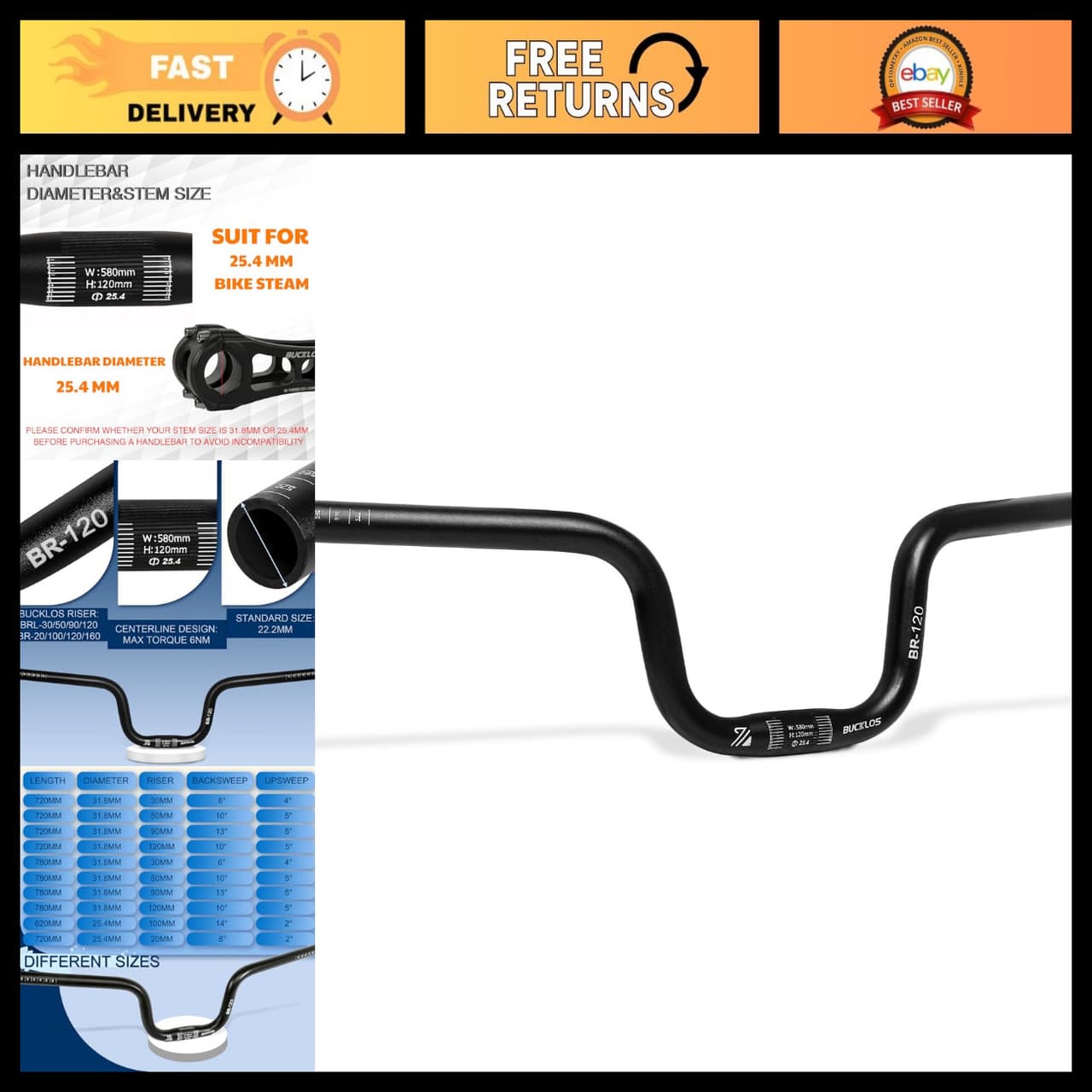25.4mm Mountain Bike Handlebars 580mm Width - 120mm Rise MTB Cycling Handlebar