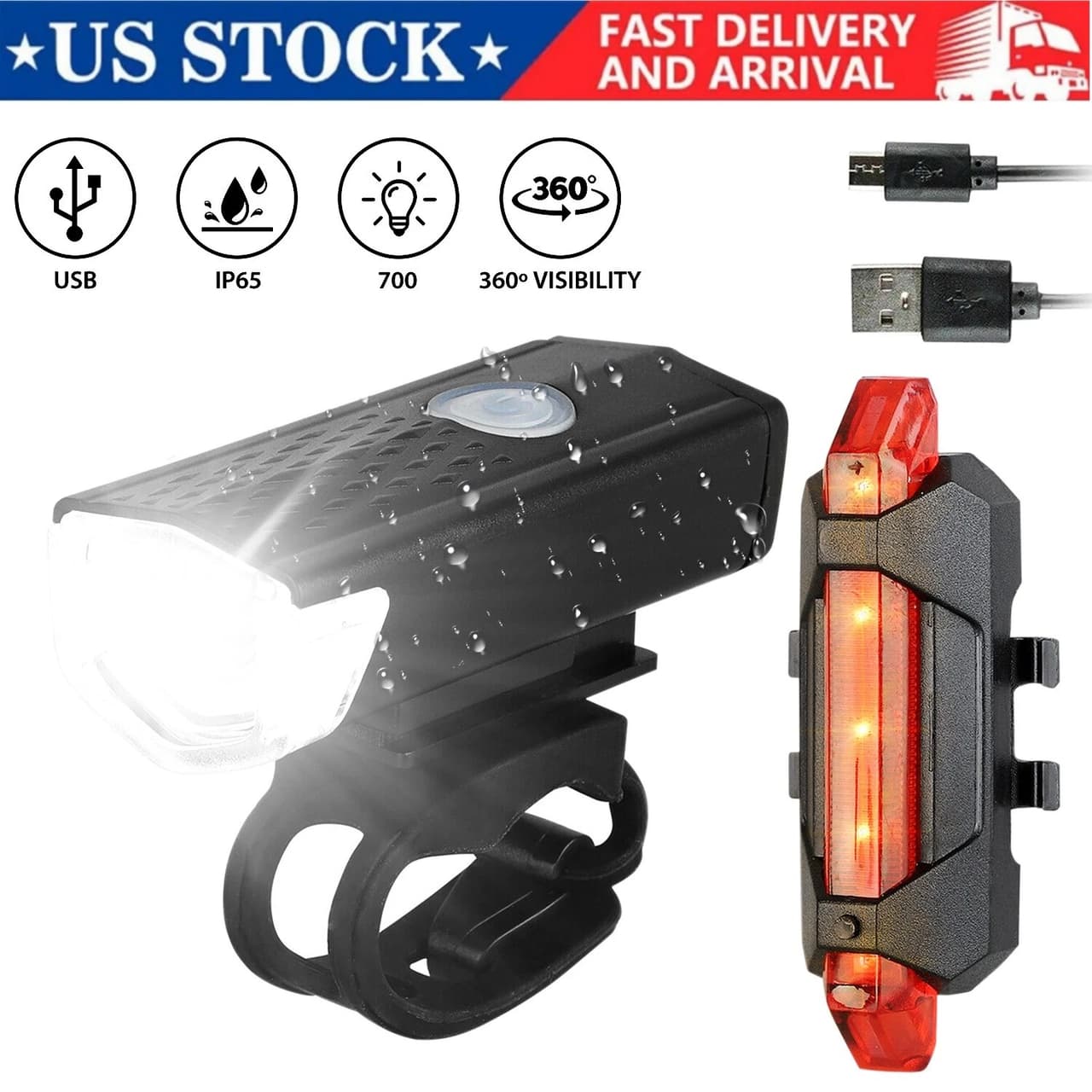 USB Rechargeable LED Bicycle Headlight Bike Front Rear Lamp Light Set Waterproof