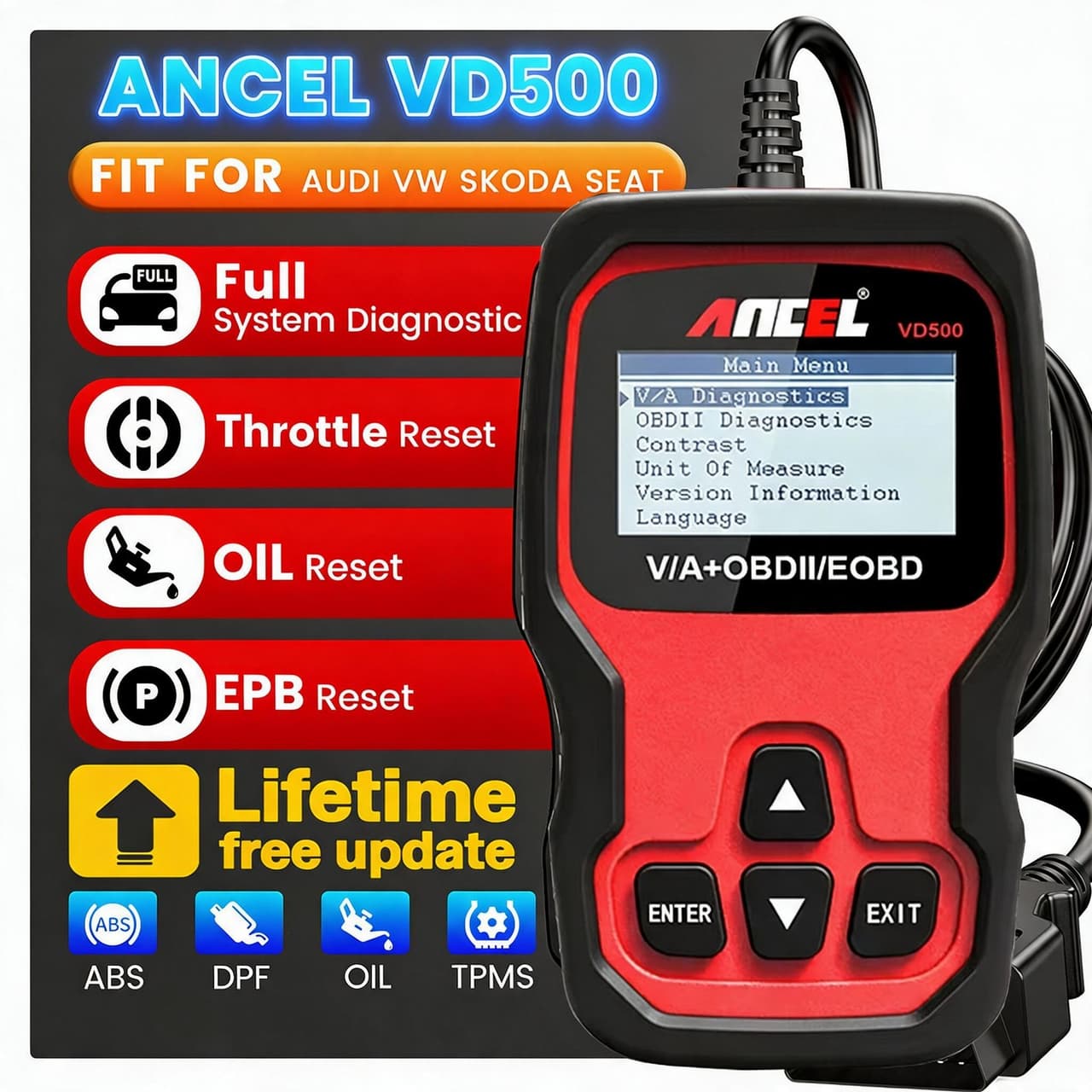 ANCEL Car ABS SRS Code Reader OBD2 Scanner All Systems Diagnostic Tool EPB Oil