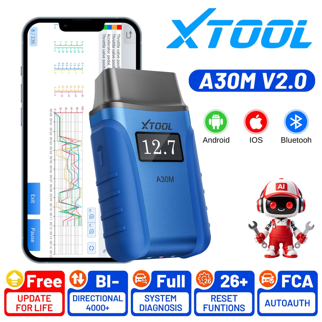 2026 XTOOL A30M V2.0 OBD2 Scanner Bi-directional Auto Diagnostic Tool 26 Resets
