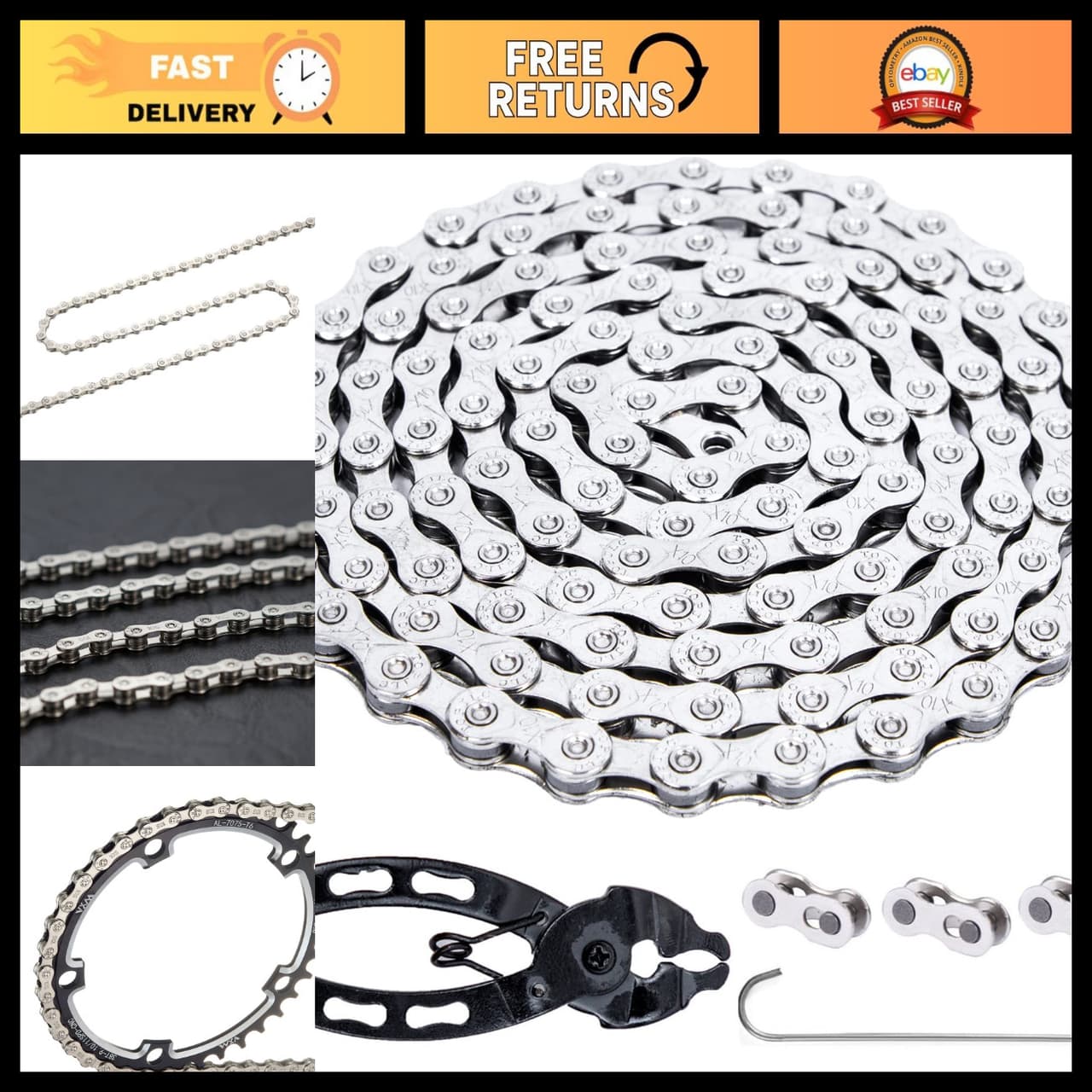 116 Links Carbon Steel Bike Chain - 6/7/8/9/10/11 Speed, Silver Plated, Extra Ma