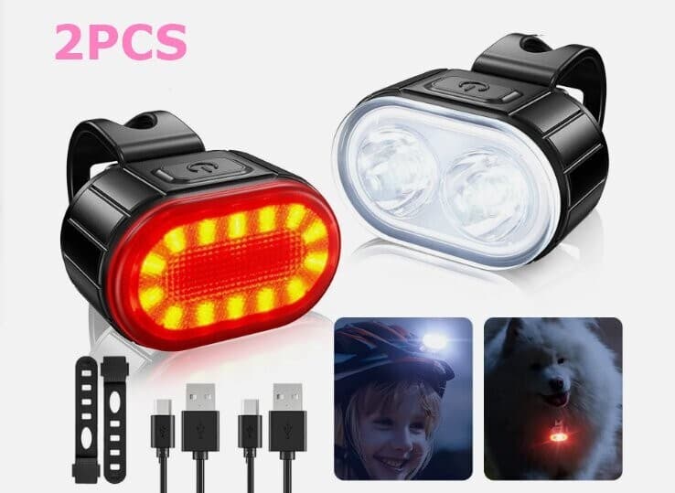 USB Rechargeable LED Bicycle Headlight Bike Front Rear Light Cycling Lamp Set