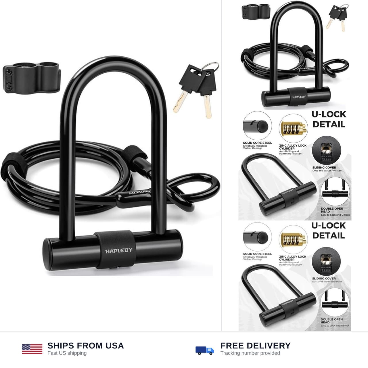 Hapleby Premium Bike Lock Set with 2 Keys, Bike U-Lock with 6 Feet Thickened ...
