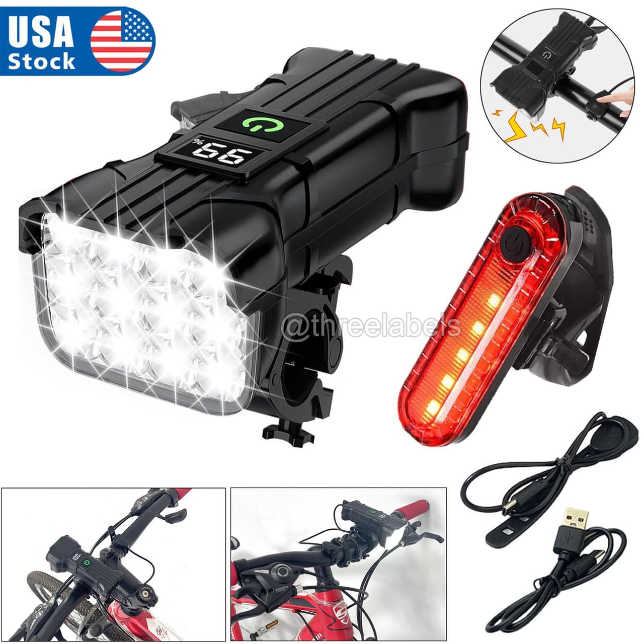 USB Rechargeable LED Bike Light Set Front and Rear Waterproof Cycling Lamp +Horn