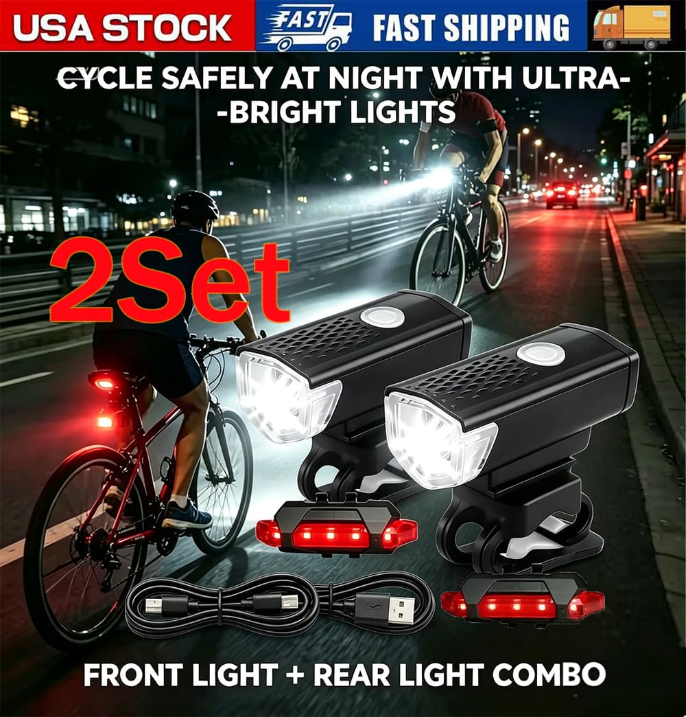 2 Sets USB Rechargeable LED Bicycle Headlight Bike Front Rear Lamp Cycling